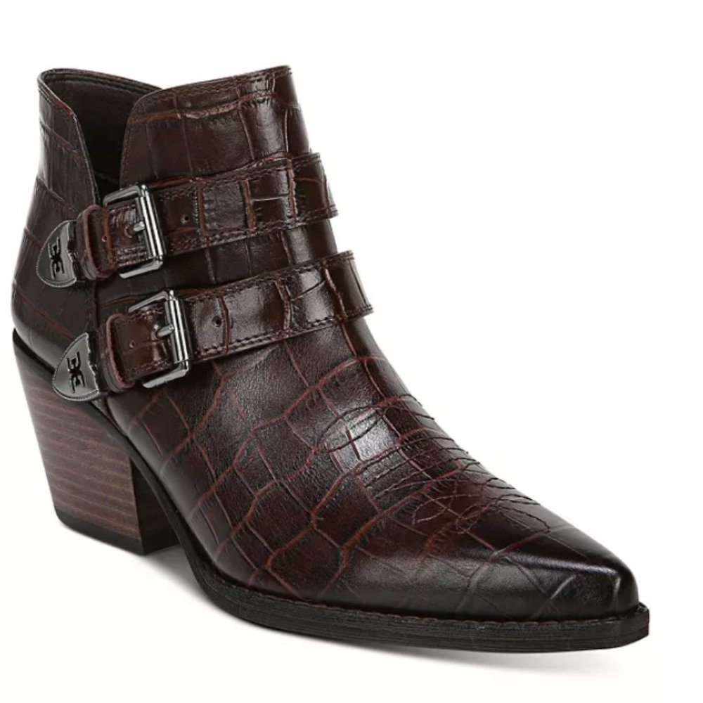 Sam Edelman "Windsor" Croco Western Brown Faux Leather Boots